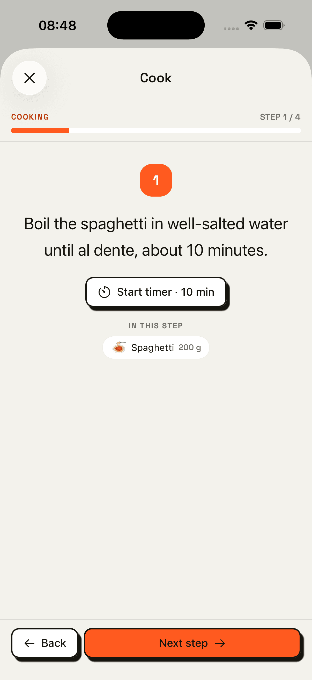Cook mode showing a single recipe step with a start-timer button and the ingredient needed for that step