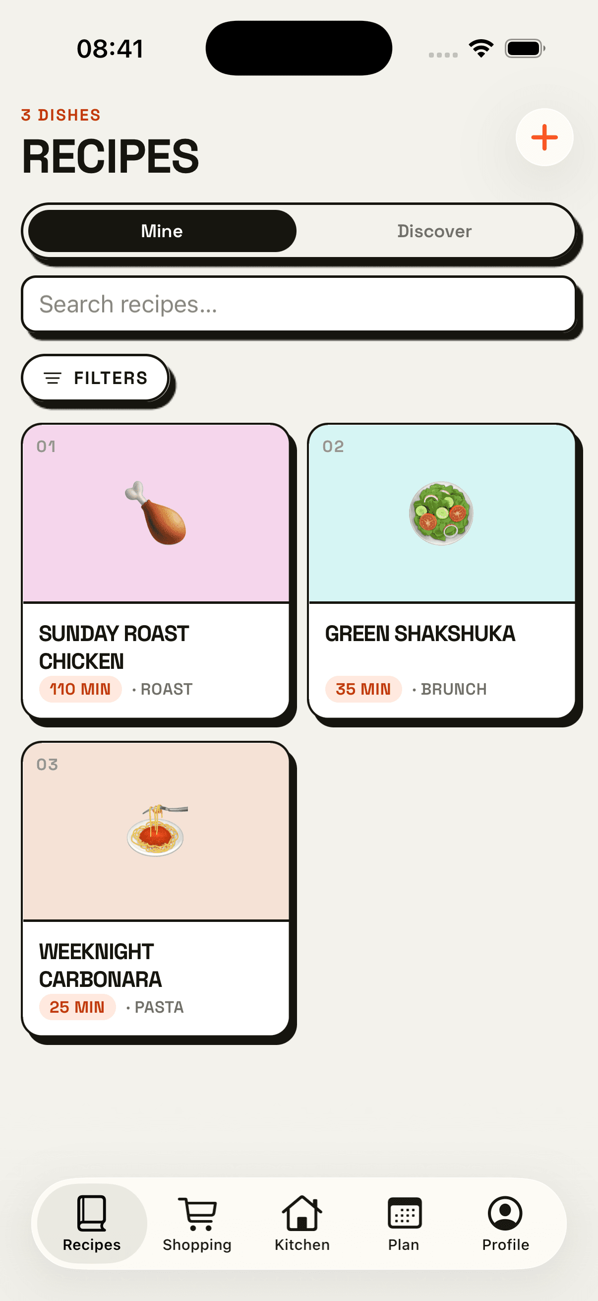 The Dish recipe library, showing three saved recipes as bold numbered cards