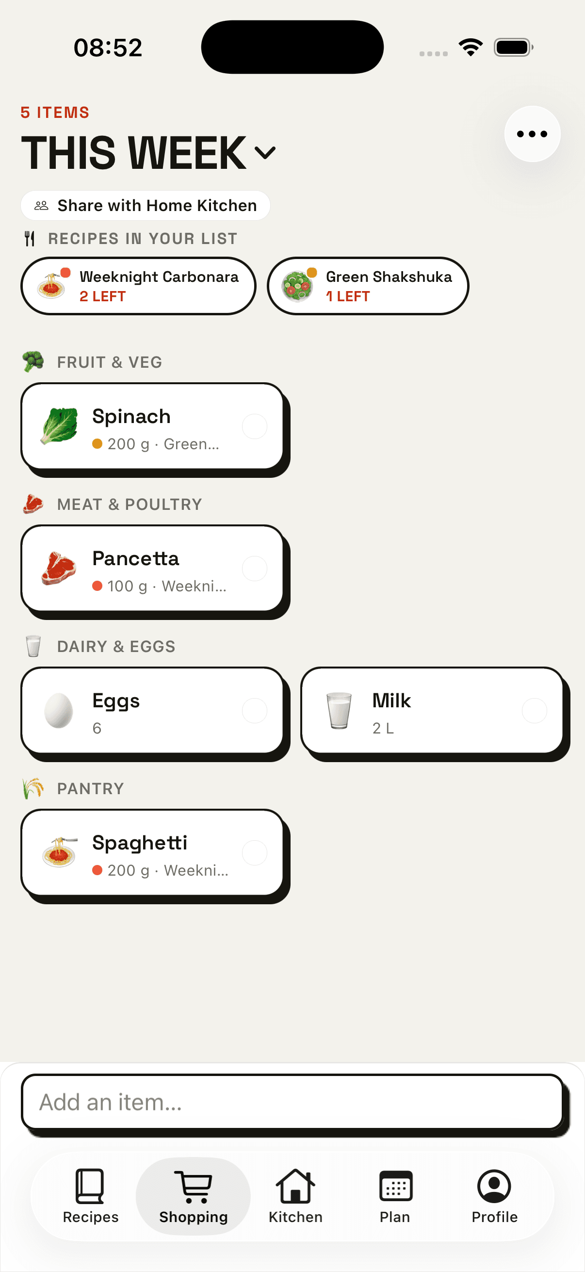 A shopping list with recipes attached and ingredients grouped by grocery category